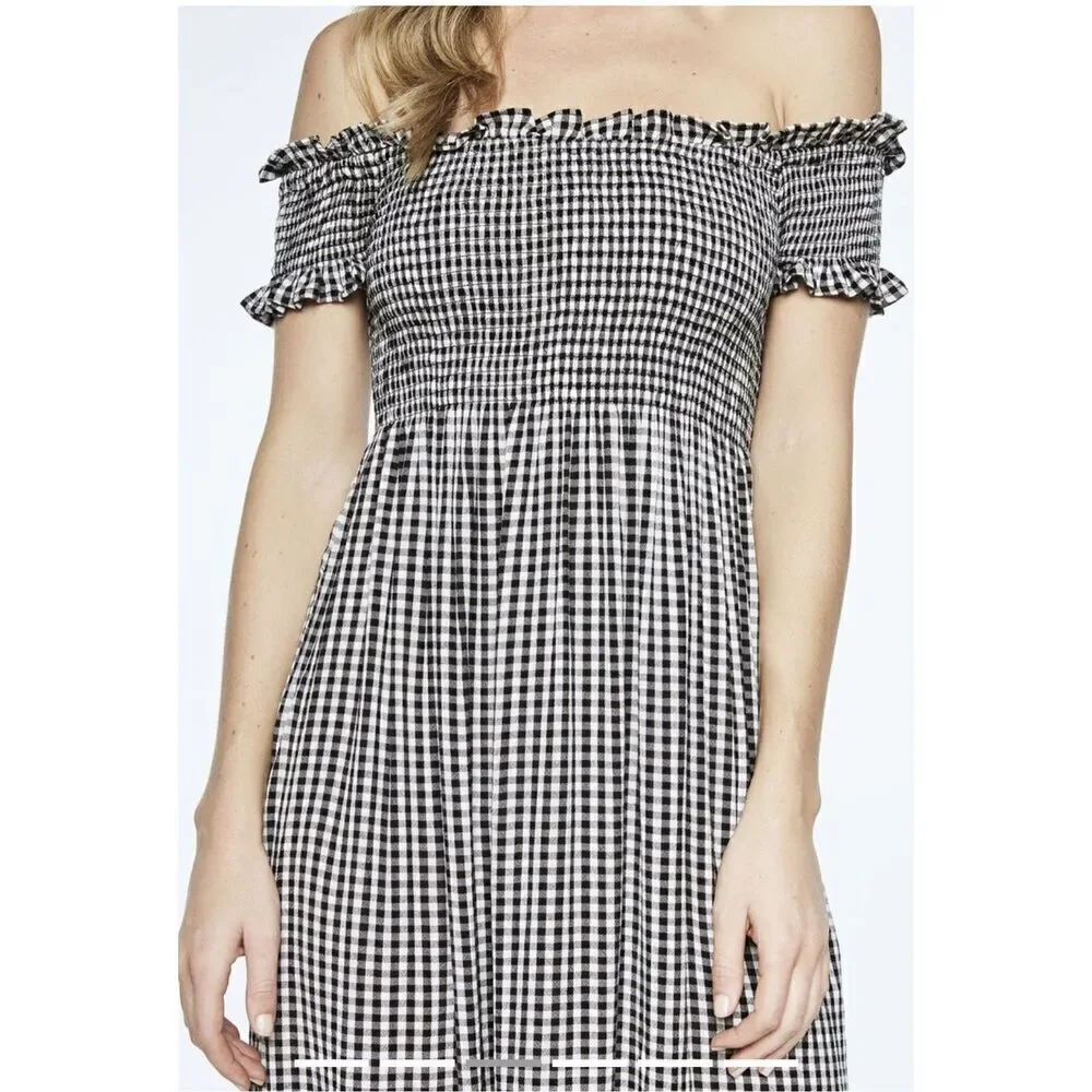 Bardot Cindy Gingham Black & White Off Shoulder Smocked MIDI dress